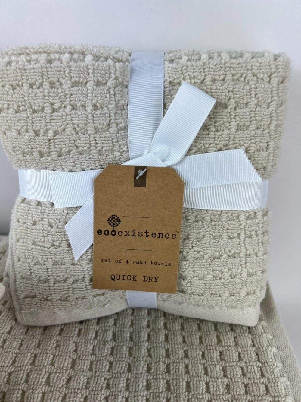 Ecoexistence Oversized Bath Towel Set Tan Waffle Cotton Quick Dry Set of 8 NEW